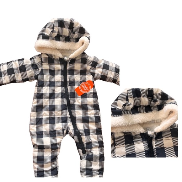 NWT WONDER NATION BABY CHECKERED FLEECE SNOWSUIT WITH EARS HOOD (0-3 months) - Picture 2 of 5